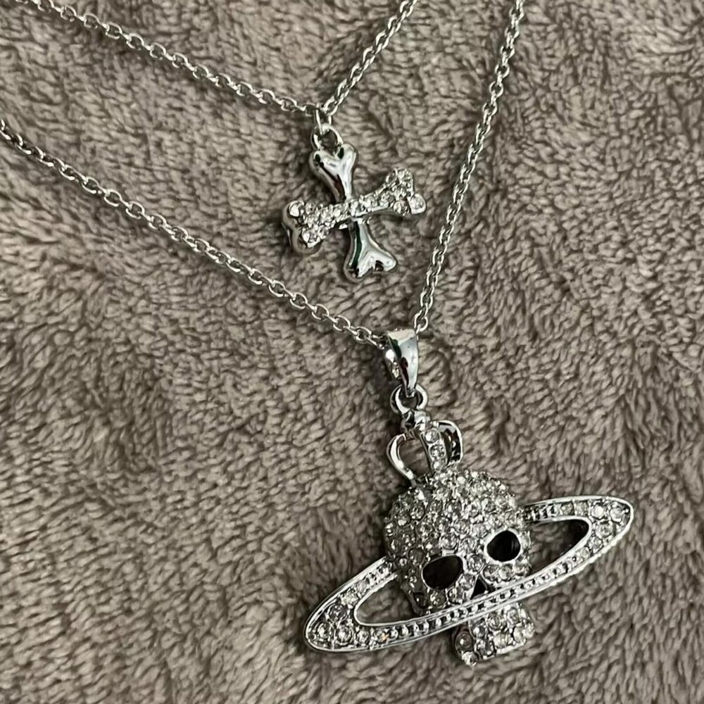 Vivienne Westwood Skull & Cross Stone Double Chain Vintage Saturn Orb Punk Neckl